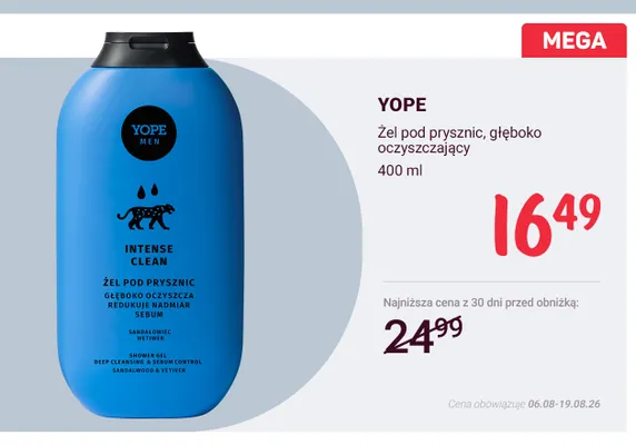 Żel pod prysznic głęboko oczyszczający YOPE MEN Intense Clean promocja w Rossmann