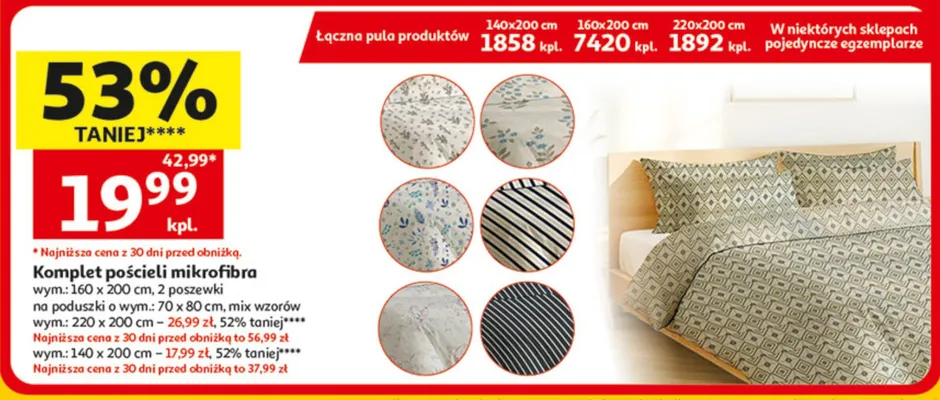 Komplet pościeli mikrofibra wym.: 160 x 200 cm, 2 poszewki na poduszki o wym.: 70 x 80 cm, mix wzorów promocja w Auchan