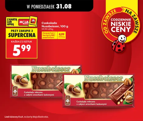 Czekolada mleczna z całymi orzechami laskowymi Nussbeisser promocja w Biedronka