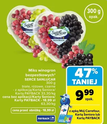 Miks winogron bezpestkowych białe, różowe, czarne SERCE SANLUCAR promocja w Carrefour Market