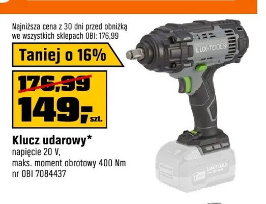 Klucz udarowy LUX-TOOLS napięcie 20V maks. moment obrotowy 400Nm promocja w OBI