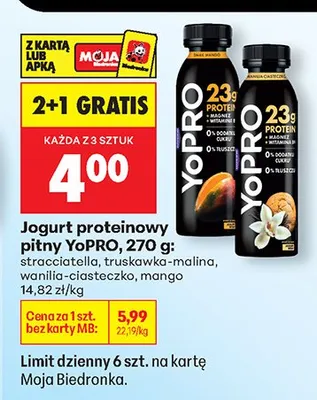 Jogurt proteinowy pitny straciatella, truskawka-malina, wanilia-ciasteczko, mango 2+1 GRATIS promocja w Biedronka