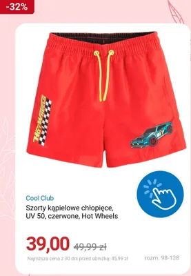 Szorty kąpielowe chłopięce Cool Club UV 50 czerwone Hot Wheels promocja w Smyk