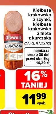 Kiełbasa krakowska z szynki Olewnik promocja w Carrefour Market