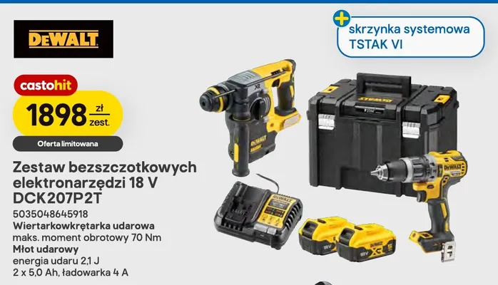Zestaw bezszczotkowych elektronarzędzi DCK207P2T DeWalt promocja w Castorama