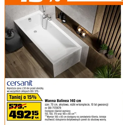 Wanna Balinea 140 cm Cersanit promocja w OBI