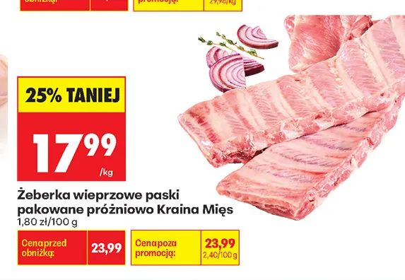 Żeberka wieprzowe paski pakowane próżniowo Kraina Mięs promocja w Biedronka