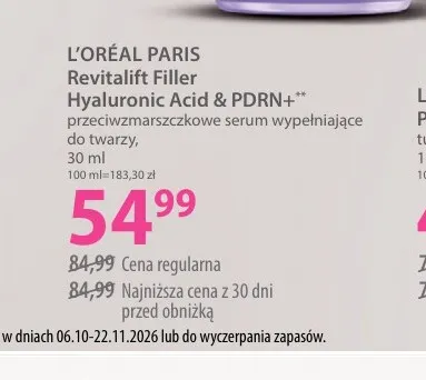 Przeciwzmarszczkowe serum wypełniające do twarzy Revitalift Filler Hyaluronic Acid & PDRN+ L'Oréal Paris promocja w Hebe