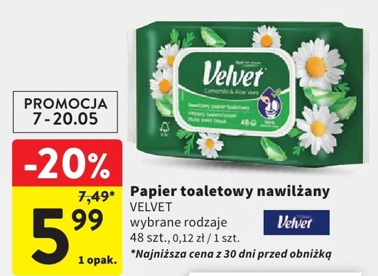Papier toaletowy nawilżany Velvet Camomile & Aloe Vera promocja w Intermarche