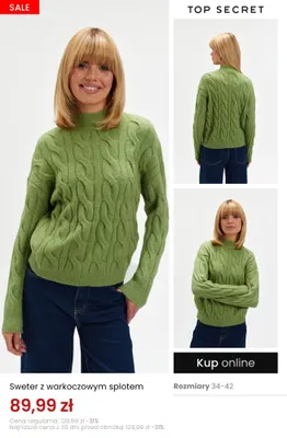 Sweter z warkoczowym splotem Top Secret promocja w Top Secret