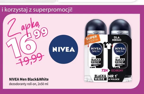 Dezodorant roll-on Nivea Men Black & White 2-pak promocja w Drogerie Polskie