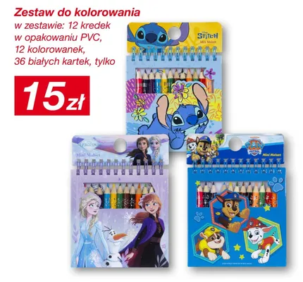 Zestaw do kolorowania w zestawie: 12 kredek w opakowaniu PVC, 12 kolorowanek, 36 białych kartek promocja w KiK