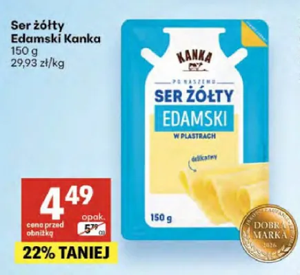 Ser żółty Edamski w plastrach Kanka promocja w Delikatesy Centrum