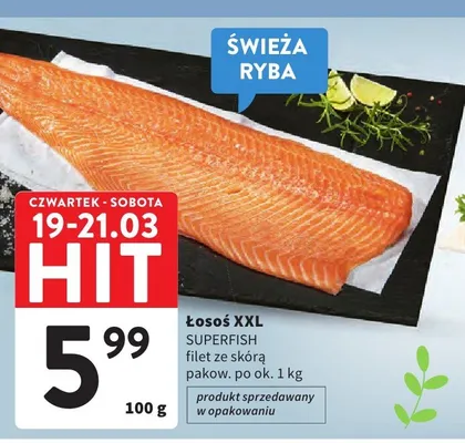 Łosoś XXL filet ze skórą pakow. po ok. 1 kg promocja w Intermarche