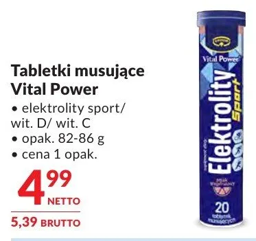 Tabletki musujące Vital Power elektrolity sport/wit. D/wit. C promocja w Makro