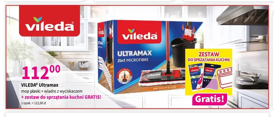 Zestaw mop płaski Ultramax + wiadro z wyciskaczem + zestaw do sprzątania kuchni Vileda promocja w Drogerie Polskie