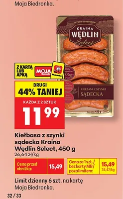 Kiełbasa z szynki sądecka Kraina Wędlin Select promocja w Biedronka