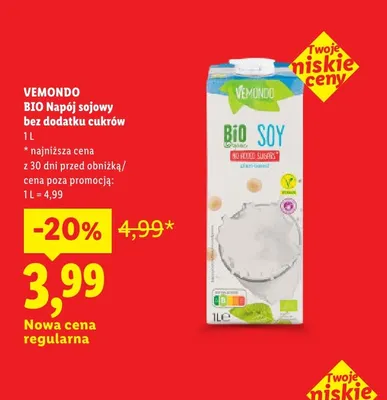 Bio napój sojowy bez dodatku cukrów Vemondo promocja w Lidl