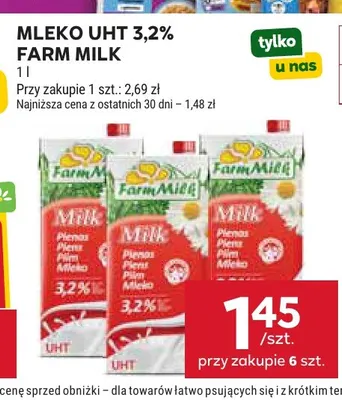 Mleko UHT Farm Milk 3,2% promocja w Stokrotka
