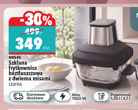 Szklana frytkownica beztłuszczowa z dwiema misami czarna Huslog promocja w Biedronka