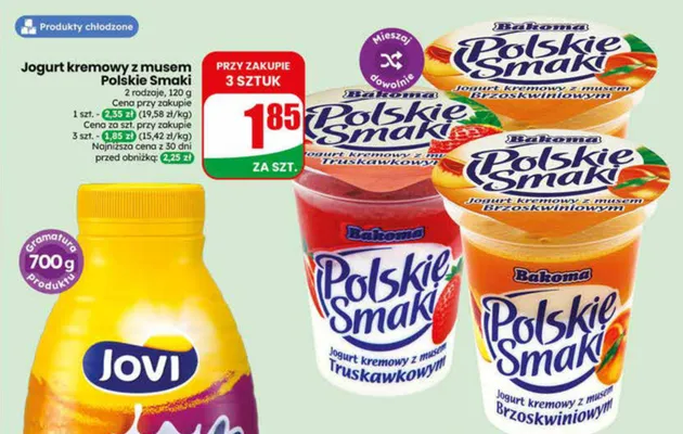 Jogurt kremowy z musem brzoskwiniowym Bakoma Polskie Smaki promocja w Dino