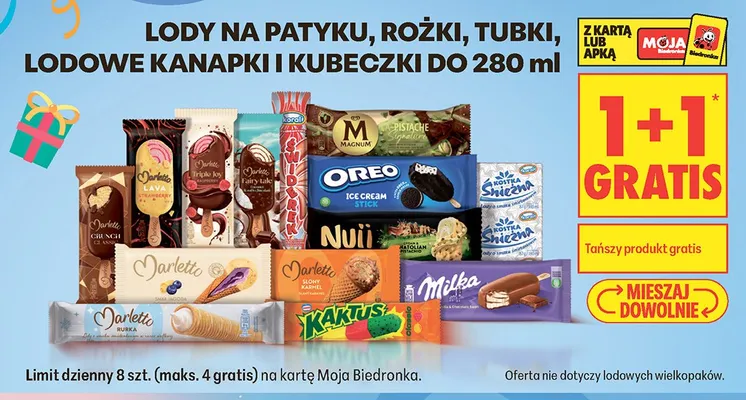 Lody na patyku, rożki, tubki, lodowe kanapki i kubeczki do 280ml promocja w Biedronka