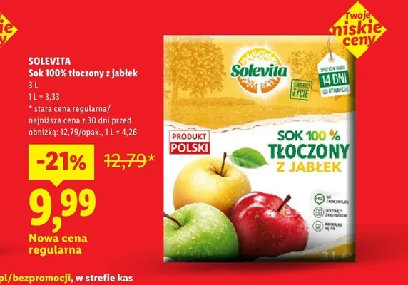 Sok 100% tłoczony z jabłek Solevita promocja w Lidl