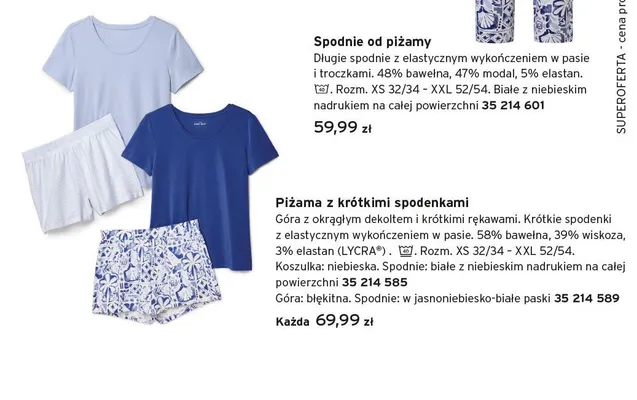 Piżama damska z krótkimi spodenkami góra błękitna spodnie w jasnoniebiesko-białe paski promocja w Tchibo