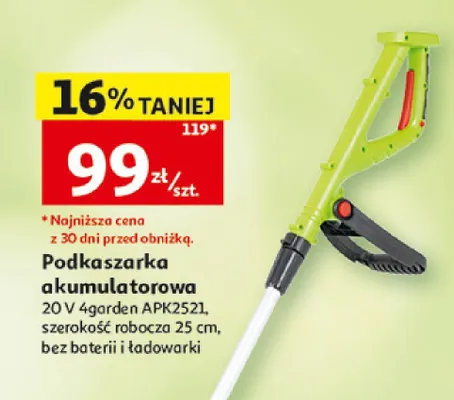 Podkaszarka akumulatorowa 20V 4garden APK2521 szerokość robocza 25cm bez baterii i ładowarki promocja w Auchan