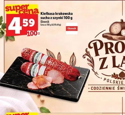 Kiełbasa krakowska sucha z szynki Olewnik promocja w TOPAZ