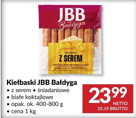 Kiełbaski JBB Bałdyga z serem + śniadaniowe białe koktajlowe promocja w Makro