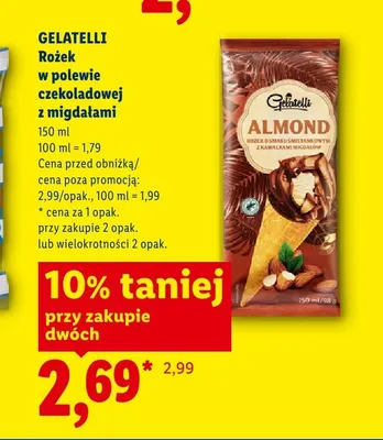 Lody rożek w polewie czekoladowej z migdałami Gelatelli promocja w Lidl