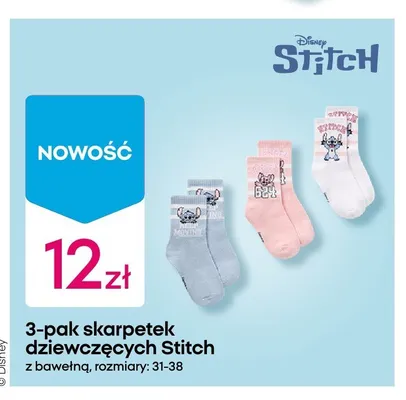 Skarpetki dziewczęce Disney Stitch 3-pak rozmiary 31-38 promocja w Pepco