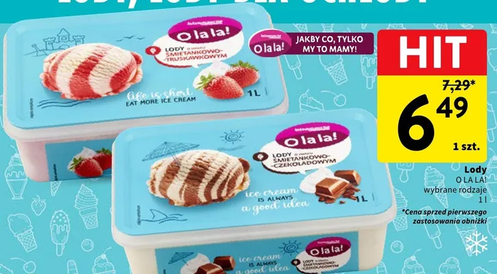 Lody O La La! śmietankowo-truskawkowe promocja w Intermarche