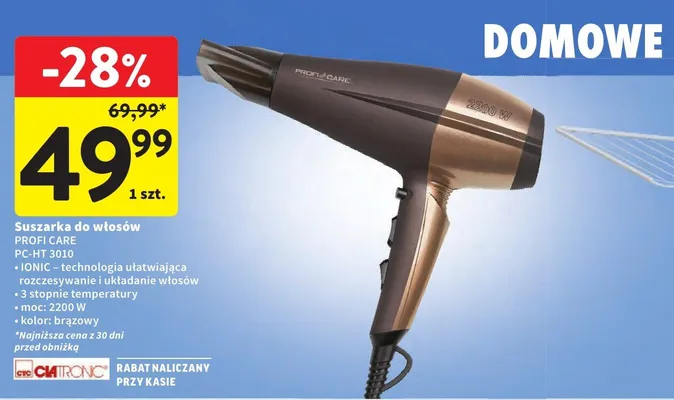 Suszarka do włosów PC-HT 3010 IONIC - technologia ułatwiająca rozczesywanie i układanie włosów, 3 stopnie temperatury, moc: 2200 W, kolor: brązowy promocja w Intermarche