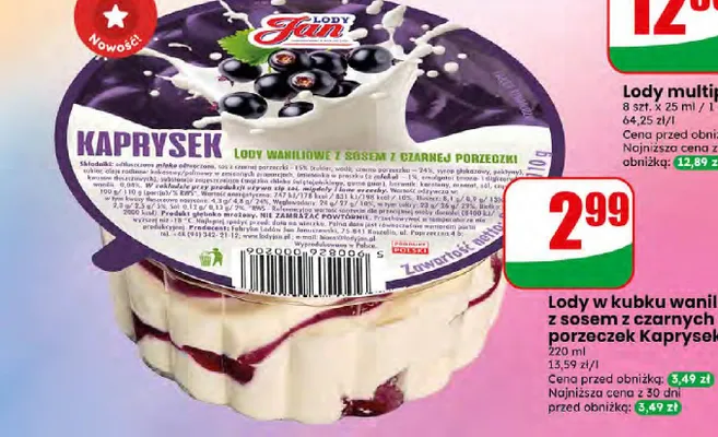 Lody w kubku waniliowe z sosem z czarnej porzeczki Kaprysek promocja w Dino