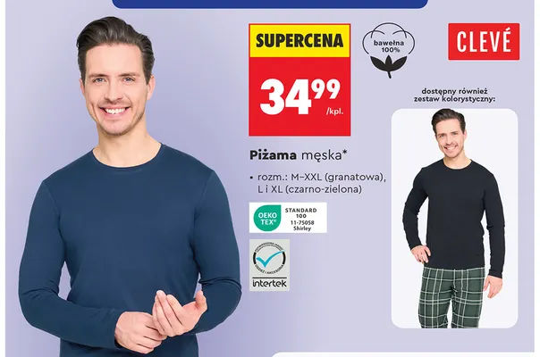 Piżama męska Clevé czarno-zielona promocja w Biedronka