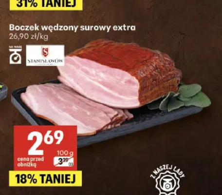 Boczek wędzony surowy extra Stanisławów promocja w Delikatesy Centrum
