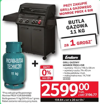 Grill gazowy MONROE PROX 4 SIR Enders z butlą gazową 11 kg promocja w Selgros