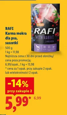 Karma mokra dla psa Rafi z królikiem saszetka promocja w Lidl