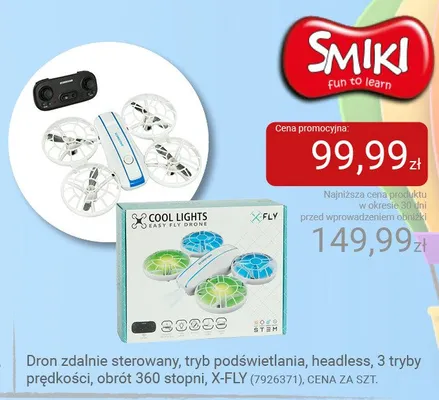 Dron zdalnie sterowany, tryb podświetlania, headless, 3 tryby prędkości, obrót 360 stopni, X-FLY promocja w Smyk