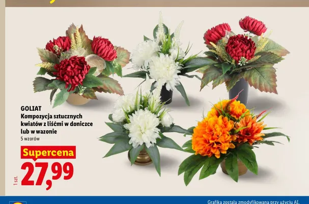 Kompozycja sztucznych kwiatów z liśćmi w doniczce Goliat promocja w Lidl