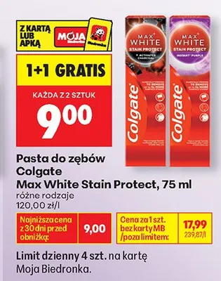 Pasta do zębów Colgate Max White Stain Protect Activated Charcoal promocja w Biedronka