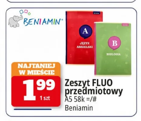 Zeszyt FLUO przedmiotowy A5 58k Beniamin promocja w Leclerc