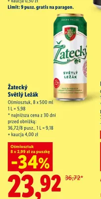 Piwo Žatecký Světlý Ležák 8-pak 500 ml promocja w Lidl