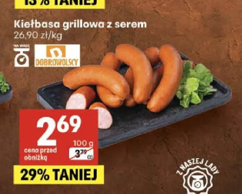 Kiełbasa grillowa z serem Dobrowolscy promocja w Delikatesy Centrum