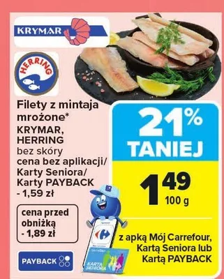 Filety z mintaja mrożone bez skóry Krymar Herring promocja w Carrefour Market