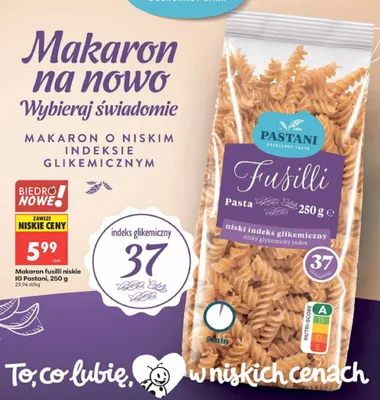 Makaron fusilli niskie IG Pastani promocja w Biedronka