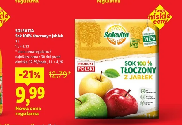 Sok 100% tłoczony z jabłek Solevita promocja w Lidl