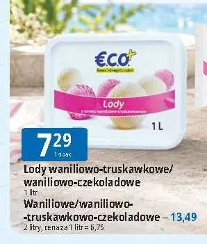 Lody waniliowo-truskawkowo-czekoladowe Eco+ promocja w Leclerc